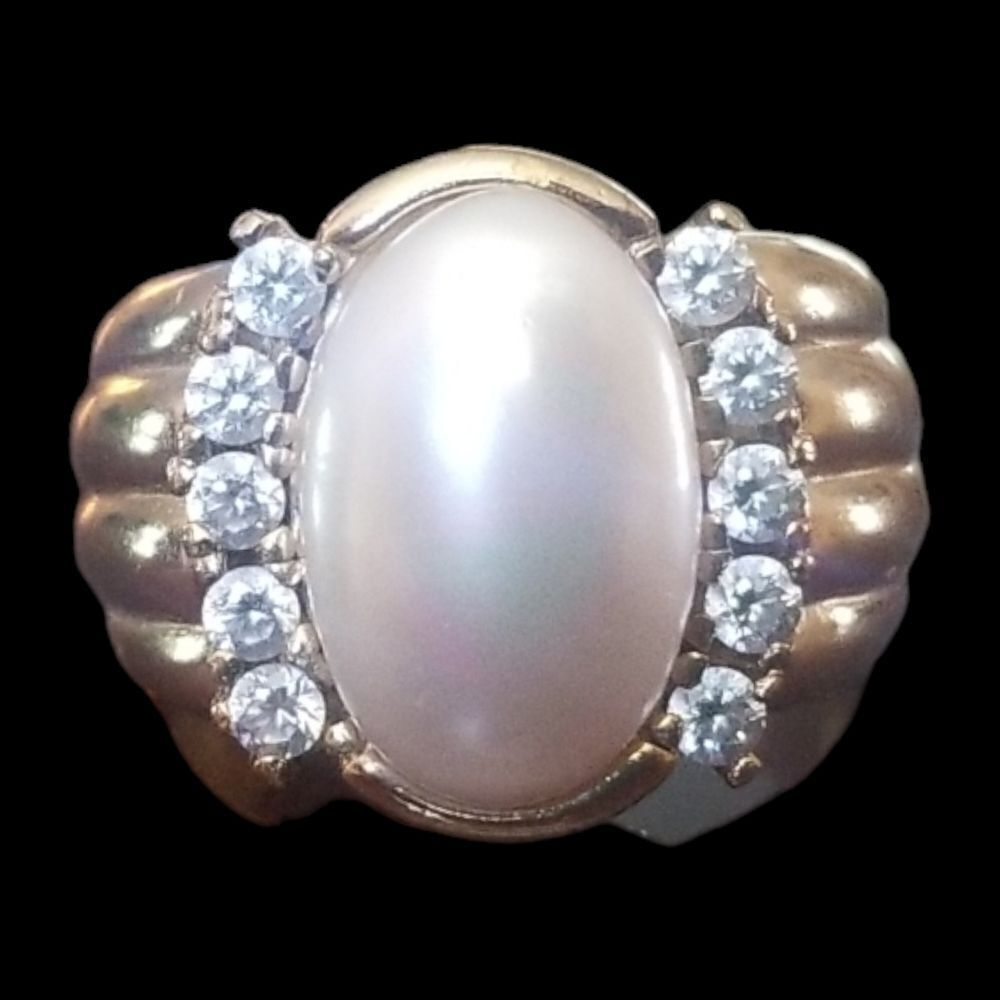 Majorica Oval Mabe Pearl and CZ Ring 14k over Sterling Silver sz 7